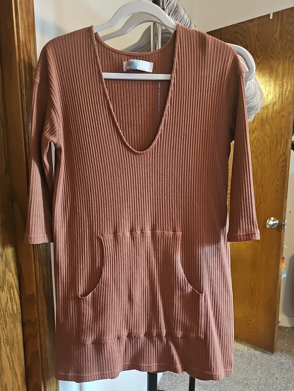Free People Ribbed Mini Dress in Rust - Picture 1 of 4